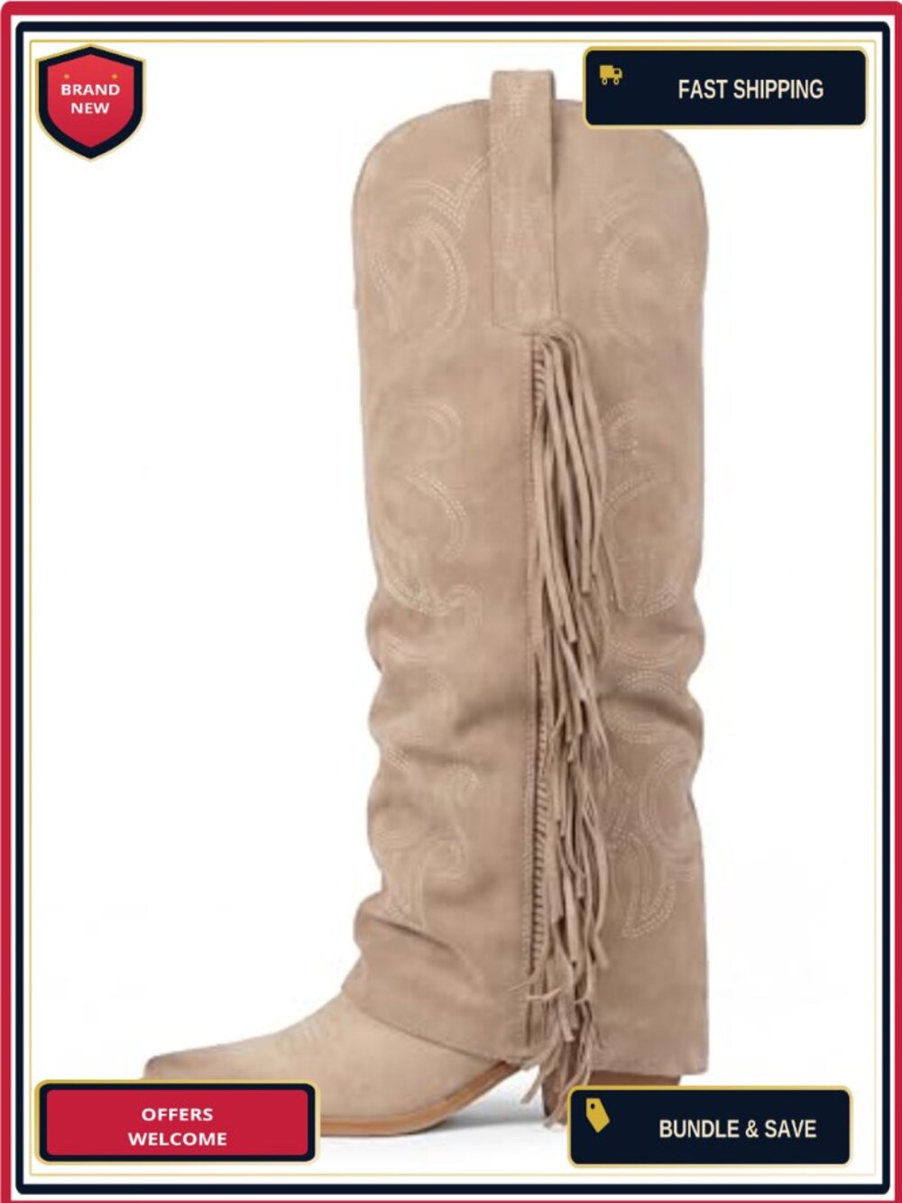 Women's Fold Over Fringe Embroidered Western Cowboy Boots Pointy Toe Chunky